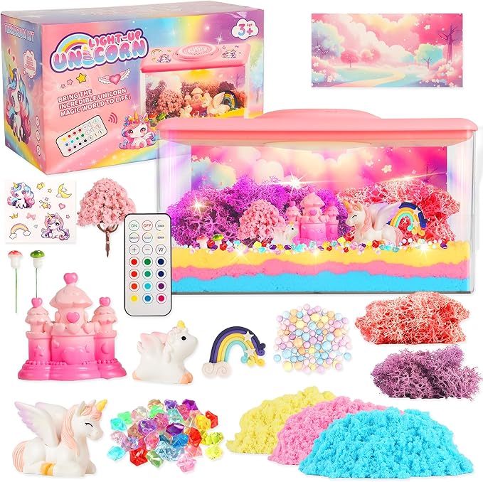 Unicorn Light-Up Terrarium Kit Toys for Kids - Not Fragile - LED Night Light Birthday Gift for Girls Ages 4 5 6 7 8-12 Year Old - DIY Arts and Crafts Kit, with Music, Stickers, Background