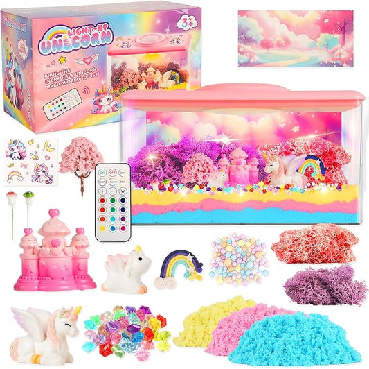 Unicorn Light-Up Terrarium Kit Toys for Kids - Not Fragile - LED Night Light Birthday Gift for Girls Ages 4 5 6 7 8-12 Year Old - DIY Arts and Crafts Kit, with Music, Stickers, Background