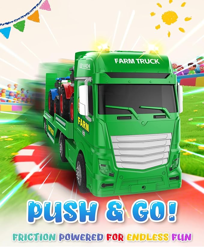 Toddler Toys for 3 + Years Kids, 25" Large Flatbed Semi Truck Toy with 2 Tractors, Friction Powered Vehicles Toys for Kids, Birthday Gifts for Boys and Girls
