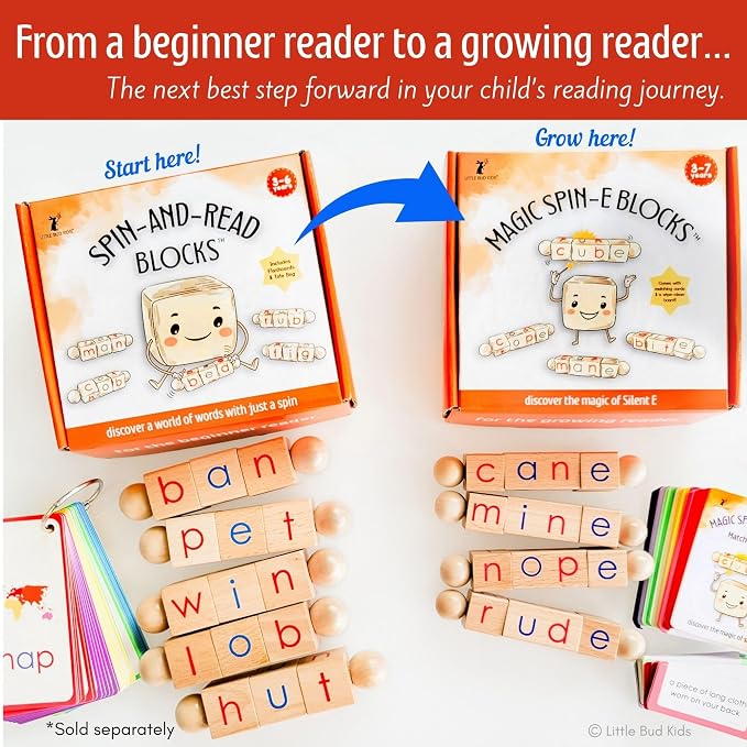 LITTLE BUD KIDS Magic Spin-E Blocks - A Silent E Phonics Toy & Montessori CVCe Reading Blocks for Kids Ages 4–7 - Image 8