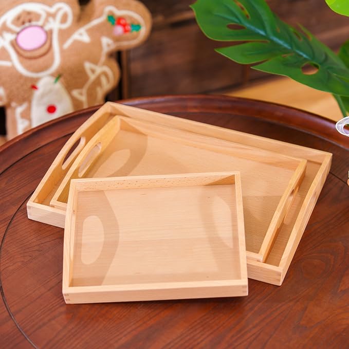 Premium Montessori Wooden Trays Set of 3- Solid Beechwood Wooden Working Trays with Handles for Classroom, Kids Dining & Toy Storage, Toddler Learning Tools, Sensory Bins & Home Organization by PENEPICO-SIMPLELIFE