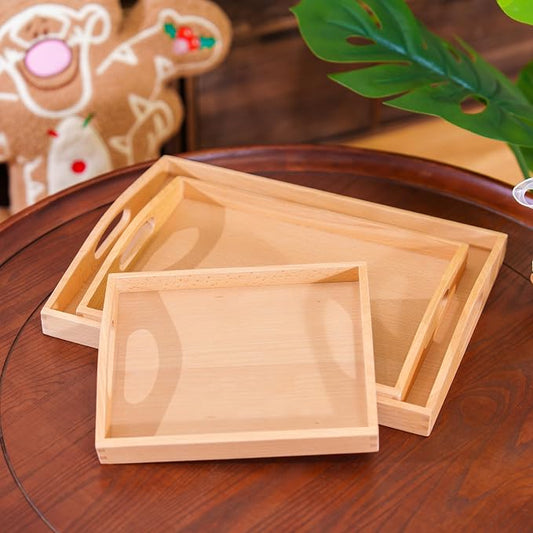 Premium Montessori Wooden Trays Set of 3- Solid Beechwood Wooden Working Trays with Handles for Classroom, Kids Dining & Toy Storage, Toddler Learning Tools, Sensory Bins & Home Organization by PENEPICO-SIMPLELIFE