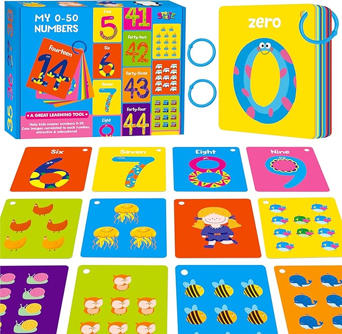 51 PCS Number Flashcards, 0-50 Double Sided Printed Cards with 2 Reclosable Rings, Learn Numbers, Learn to Count-Fun Learning and Educational Flashcards Learning Tool for Kids, Preschoolers, Toddlers by SpriteGru