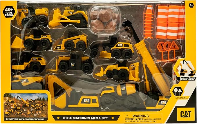 CAT Construction Toys, Little Machines Mega Set – 40+ Pieces with XL Crane & Excavator, 10 Mini Vehicles, Road Signs, Cones, Boulders & Barricades, Indoor/Outdoor STEM Toy for Kids Ages 3 + - Image 2