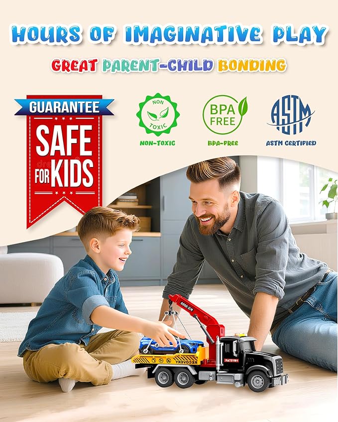 Kids Toys for 3 4 5 6 7 Years Old Boys, 15" Large Tow Truck Toy, Friction Powered Transport Toy Trucks with Lights and Sounds, Birthday Gifts for Boys & Girls with Racing Car