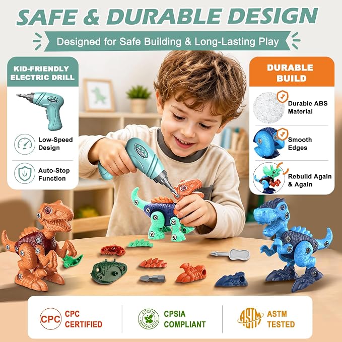 Take-Apart Dinosaur Toys for Boy 4-6: 85 Piece 3 Pack Dino & Electric Drill - Image 5