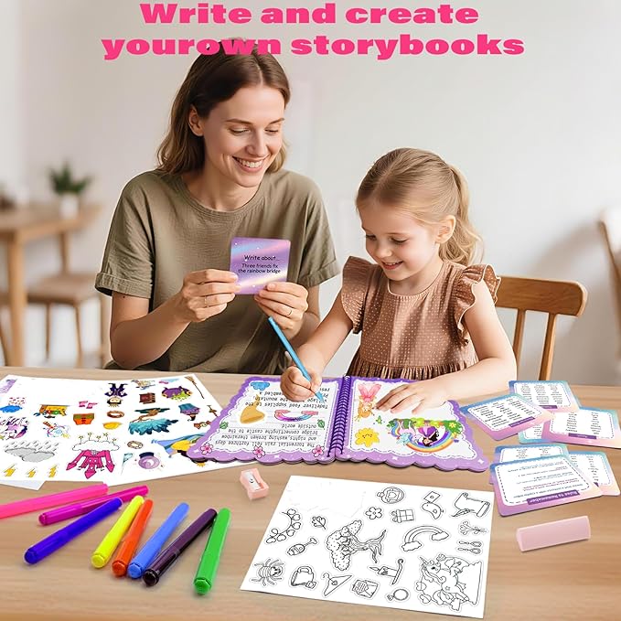 Storybook Art Kit, Create Fairytale Stories for Kids, DIY Craft Set with 400+ Stickers, 24 Pens, 2 Scrapbooking & Journal Activity, Arts and Crafts Supplies Gift for Boys & Girls Comic Book Making Kit