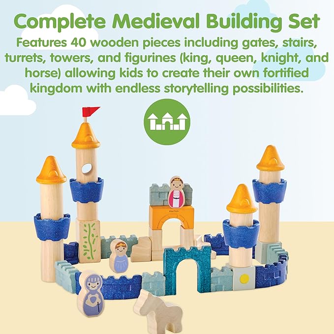 PlanToys® Castle Blocks Wooden Montessori Building and Imaginative Play Set | Creative Thinking, Fine Motor and Early STEM Learning Activity | Eco Friendly Open Ended Construction Toy