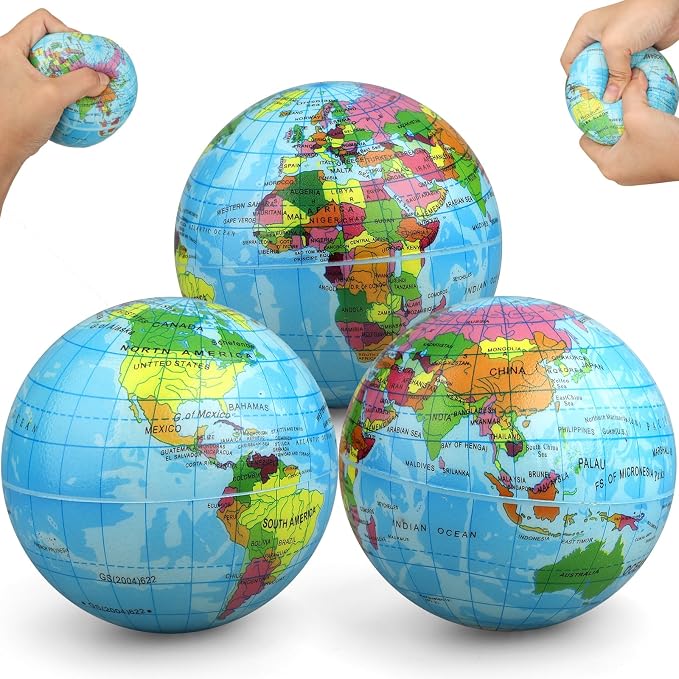 Umnodobn Mini Earth Soft Squishy Ball 3 Pack - 3.7 Inch Foam Globe Stress Balls for Boys Girls- Educational Geography Squishies Toys- Squeeze Sensory Learning Toy World Map for Kids Adults by Umnodobn