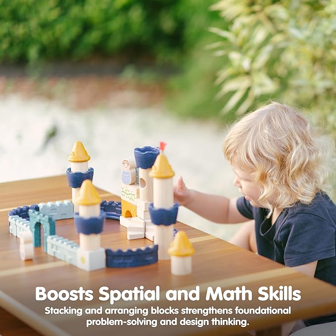 PlanToys® Castle Blocks Wooden Montessori Building and Imaginative Play Set | Creative Thinking, Fine Motor and Early STEM Learning Activity | Eco Friendly Open Ended Construction Toy