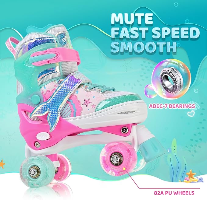 NEMONE Mermaid 4 Size Adjustable Light up Roller Skates for Girls, Purple Blue Skates for Toddlers, Beginner Kids Butterfly Roller Skates Indoor Outdoor