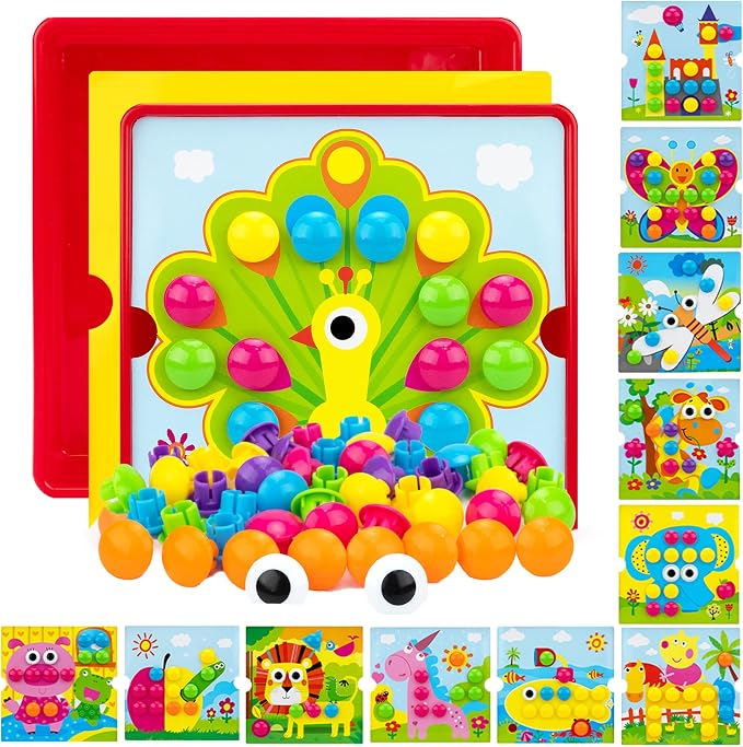 Button Art Pegboard for Toddlers - 12 Pics & 46 Buttons, Gift 3+ by AluAbi