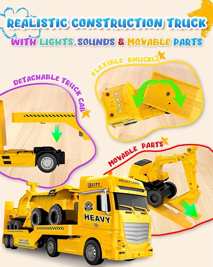 Construction Carrier Truck Toy with Excavator and Dump Truck, Friction Powered Toddler Toys with Light and Sounds, Gifts for Age 3+Years Old Boys & Girls