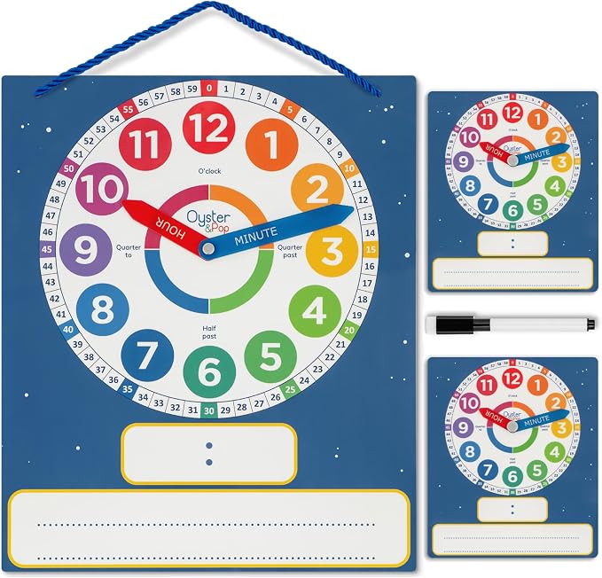Oyster&Pop Analog Teaching Clocks for Kids Learning Time - 3-Pack Dry Erase by OysterPop