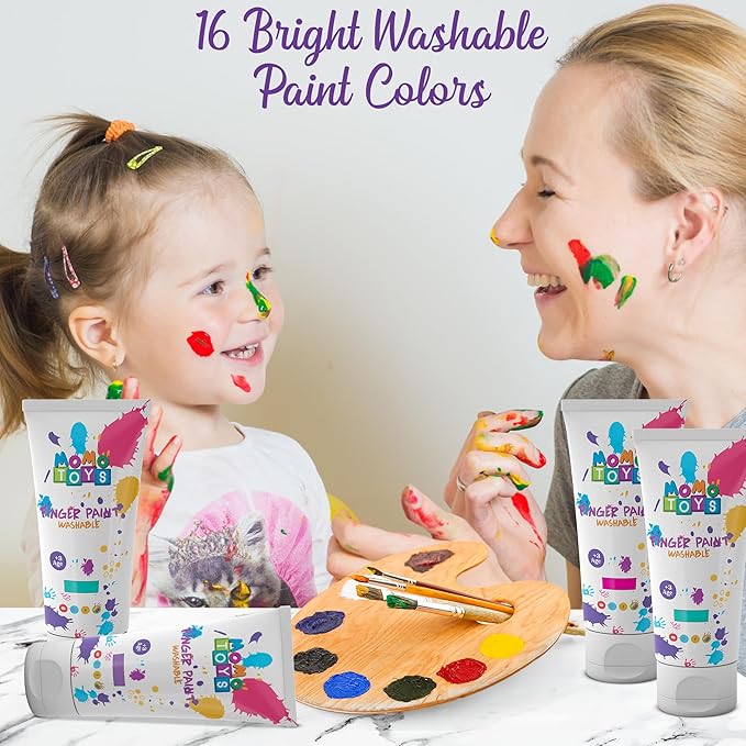 Kids Finger Paint Set with 16 Vibrant Colors, Includes 4 Metallic Tones – Non-Toxic Washable Finger Paint for Toddlers 1-3 – Daycare Essentials, Preschool Art Supplies, Toddler Crafts