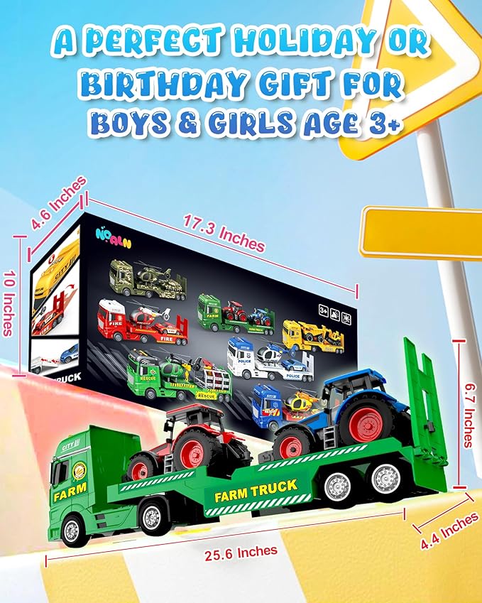 Toddler Toys for 3 + Years Kids, 25" Large Flatbed Semi Truck Toy with 2 Tractors, Friction Powered Vehicles Toys for Kids, Birthday Gifts for Boys and Girls