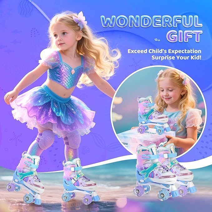 NEMONE Mermaid 4 Size Adjustable Light up Roller Skates for Girls, Purple Blue Skates for Toddlers, Beginner Kids Butterfly Roller Skates Indoor Outdoor