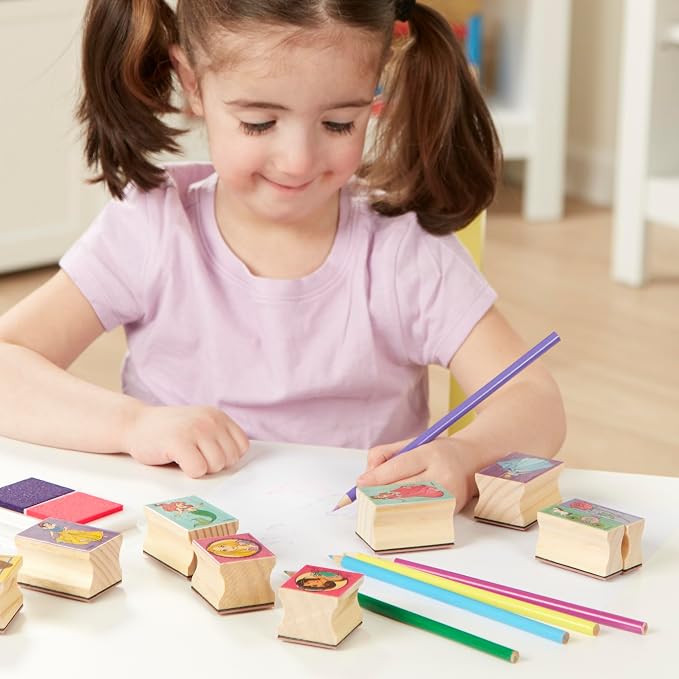 Melissa & Doug Disney Princess Wooden Stamp Set: 9 Stamps, 5 Colored Pencils, and 2-Color Stamp Pad Disney Princess Coloring, Stamps with Washable Ink, for Kids Ages 4+ - Image 5