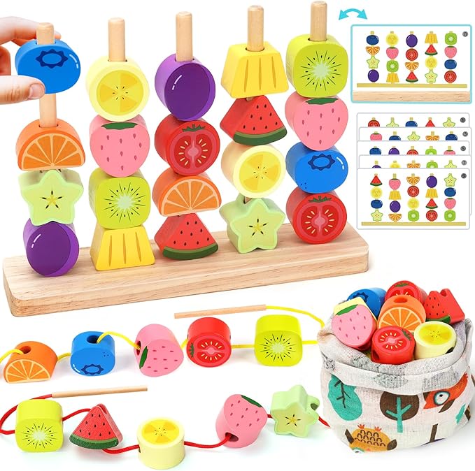 Montessori Wooden Beads Stacking Toys: 2 3 4 Year Old Boys Girls Birthday Gifts - Toddler Sequence Game & Sorting Blocks & Lacing & Matching Shape - Preschool Learning Activities for 2-5 Years Kids by KLAPTOR