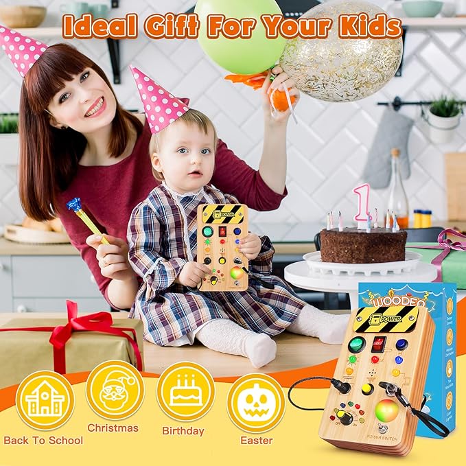 Busy Board Montessori Toys for Toddler, Wooden Sensory Board Switch Toy with Color-Changing LED Light Up Travel Toys Educational Plane Travel Activity for 1-6 Year Old Girls & Boys Gifts