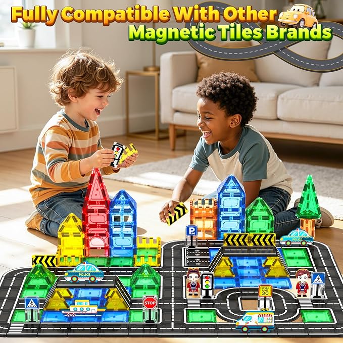 Magnetic Tiles Road Set, STEM Magnetic Blocks for Kids Ages 3-5 4-8 5-7, Construction Magnet Tiles Kids Toys, Christmas Birthday Gift for Boys Girls Ages 3+ - Image 3