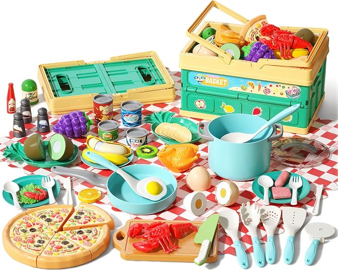 80Pcs Kitchen Playset, Toddler Pretend Cooking with Pots, Pans, Cookware, Food, Picnic Blanket, Fruits, Veges, Shopping Storage Basket, Dessert , Learning Gift for Girls Boys (Turquoise) by Funpynani