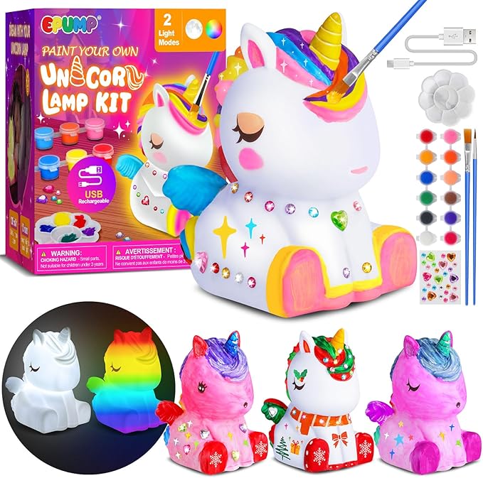 EPUMP Paint Your Own Lamp Kit - Rechargeable 1200mAh Un-icorn Night Light with 2 Light Modes, Arts and Crafts Painting Toys for Girls Boys, Art Supplies Birthday & Christmas Gifts for Kids Ages 3-12+