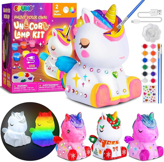 EPUMP Paint Your Own Lamp Kit - Rechargeable 1200mAh Un-icorn Night Light with 2 Light Modes, Arts and Crafts Painting Toys for Girls Boys, Art Supplies Birthday & Christmas Gifts for Kids Ages 3-12+
