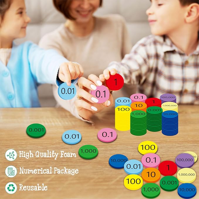 Hebayy 250 PCS EVA Place Value Disks, 10 Values Counting Chips Color-Coded Soft Place Value Chips Decimals to Whole Numbers Counting Chips Early Math Learning for Elementary School - Image 6