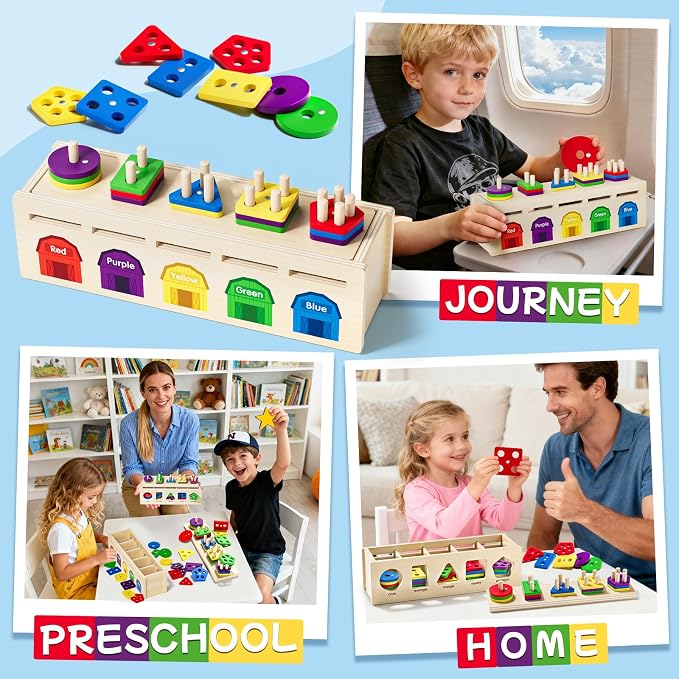 Montessori 4 in 1 Wooden Sorting Shape Sorter and Stacking Toy Box Color Matching Counting Fishing Game Preschool Educational Toys for 3 Years Boys and Girls Gifts - Image 4