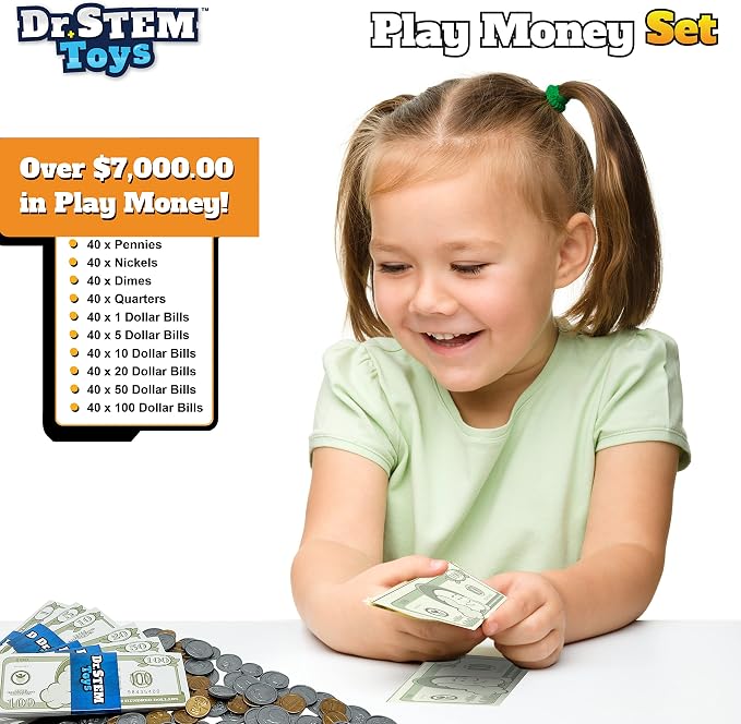 Dr. STEM Toys Play Money for Kids: Durable Boxed Set Provides 400 Pieces of Realistic Fake Money Bills & Fake Coins for Pretend Play, Helps Kids Learn Financial Responsibility & More - Image 3