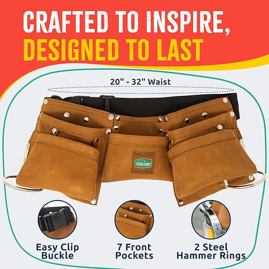 SparkJump Kids Brown Tool Belt, Adjustable Leather Tool Belt for Toddlers and Kids, Dress-Up Construction Costume for DIY Woodworking and STEM Learning