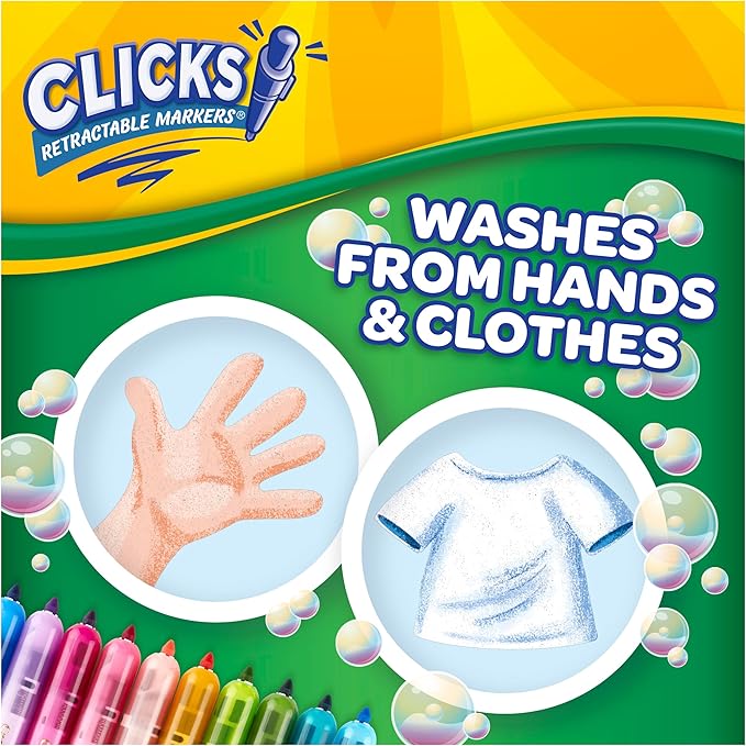 Crayola Clicks Retractable Tip Markers (10ct), Stocking Stuffers for Kids & Toddlers, Cone Tip Washable Art Marker Set, Coloring Book Supplies, No Dry, 3+