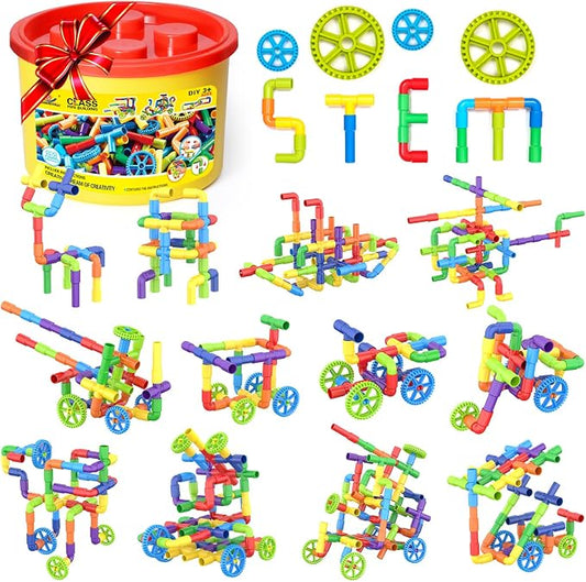 250 Pcs Tubular Pipes & Spout STEAM Interlocking Educational Building Blocks Set, Kids Tube Locks Construction Set with Storage Box, Idea Book, Preschool Educational Toy Gift for Toddlers Age 3+ by WishaLife