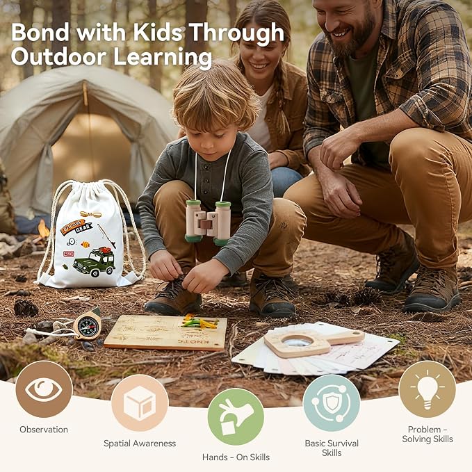 Kids Outdoor Explorer Kit Ages 4–8, Wooden Binoculars, Compass and Knot-Tying Board, Nature STEM Learning & Camping Toy Birthday Gift for Boys and Girls - Image 8