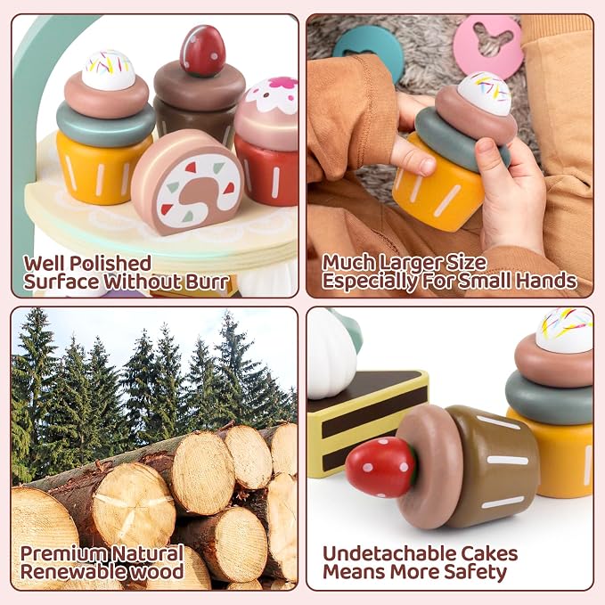 Wooden Cake Toys Tea Party Set Desserts Food Toy with Cupcake Stand - Image 2