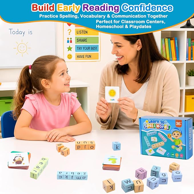 Spelling Games for Kids Ages 3-8, Phonics Matching Game with 54 Flash Cards & 20 Letter Blocks, CVC & Sight Word Building Reading Game, Classroom Must Haves for Preschool & Kindergarten - Image 3