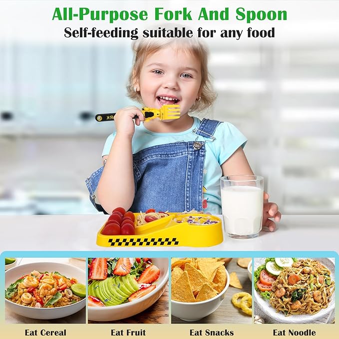 Construction Utensils for Toddlers - Motorcycle Toddler Forks - for Halloween Utensils Gift - Forks and Spoons Silverware Set - Christmas Gift for 1 2 3 4 5 year old - Yellow
