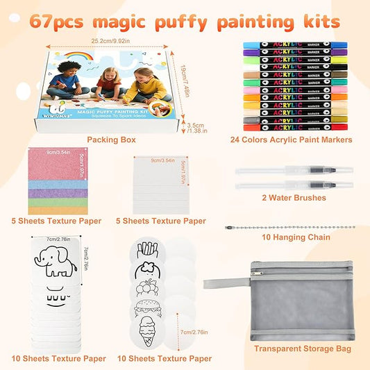 67pcs Magic Foam Texture Painting Kit,Magic Puffy Paint Include 30 Foam Texture Paper,24 Color Acrylic Puffy Markers,Aqua Puffs,aqua puffs for kids,Art Supplies for Kids,Creative Gifts for Christmas