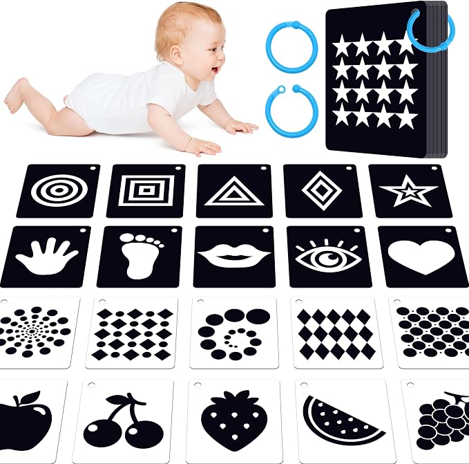 50PCS High Contrast Baby Flashcards, 100 Pages Black & White Visual Stimulus Flash Cards, Brain Development Cards Set Montessori Sensory Toys for Infants Newborn Boy Girl Baby Tummy Time (0-3 Months) by SpriteGru