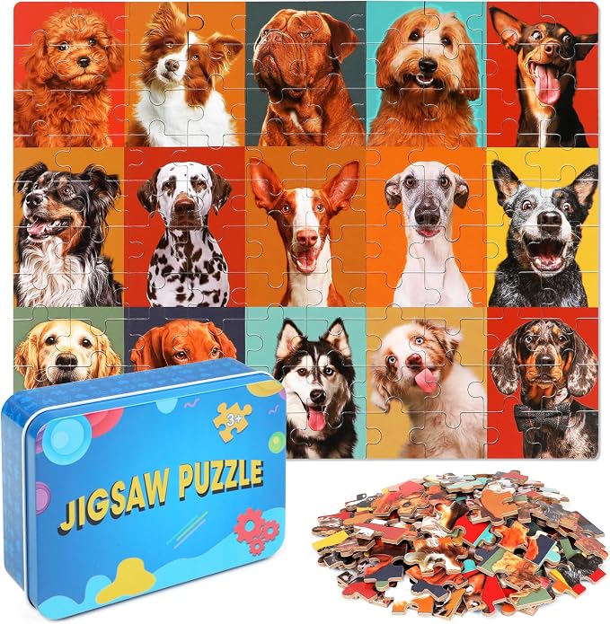 LELEMON Puzzles for Kids Ages 4-8,100 Pieces Funny Dog Jigsaw Puzzles in a Metal Box,Puppy Animal Puzzle for Children,Learning Educational Toys for Boys and Girls by LELEMON