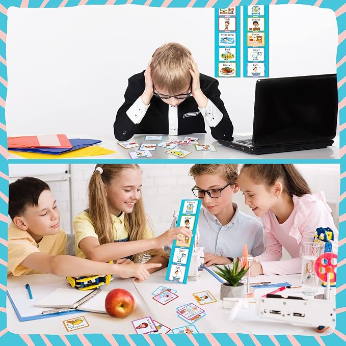 Visual 35 Pieces Schedule for Toddlers Autism Learning Materials Kids Routine Cards Visual Wall Planner, 2 Chore Chart Schedule Board for Home School, 2 Rough Strips, 35 Hook and Loop Dots(Cyan) - Image 5