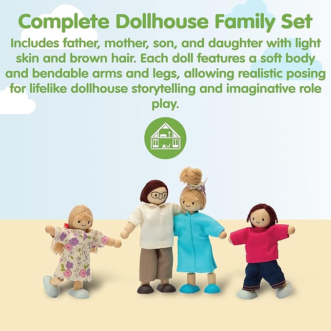 PlanToys® Wooden Dollhouse Family Set– Light Skin & Brown Hair| 4 Poseable 1:12 Scale Doll House People | Montessori Pretend Play Figurines | Eco-Friendly Sustainable Wooden Toy for Kids