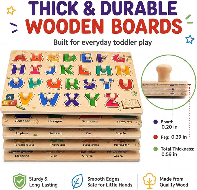 Wooden Peg Puzzles for Kids Ages 3-5, 6 Pack Large ABC Alphabet Number Shape Animal Dinosaur Vehicle Puzzle Set, Preschool Learning Toys, Montessori Educational Gifts for 3 4 5 Boys Girls - Image 6
