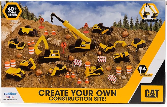 CAT Construction Toys, Little Machines Mega Set – 40+ Pieces with XL Crane & Excavator, 10 Mini Vehicles, Road Signs, Cones, Boulders & Barricades, Indoor/Outdoor STEM Toy for Kids Ages 3 + - Image 8