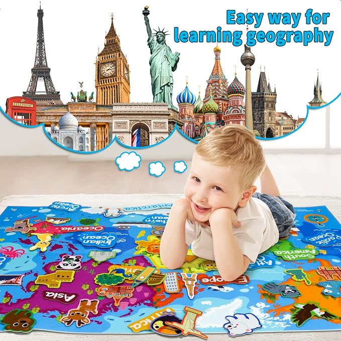 Taika 43x28 World Map Felt Board Set, Educational World Map Flannel Toy - Image 3