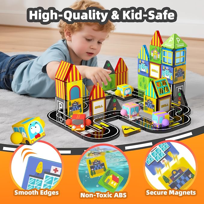 GobiDex 60PCS Mini Magnetic Tiles Travel Toys with 4 Cars - Image 3