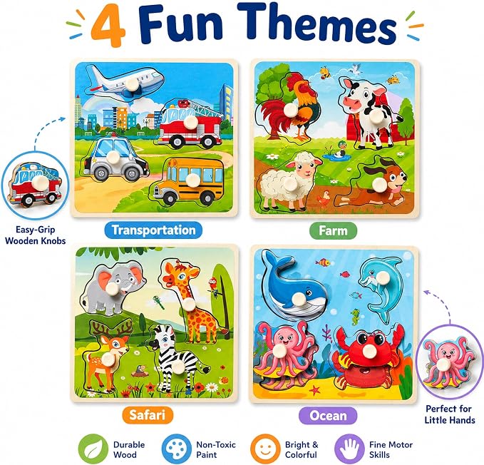 Wooden Peg Puzzle Set for Toddlers, 4 Pack Animal Vehicle Ocean Farm Puzzles, Montessori Wooden Puzzles for Ages 2-4, Preschool Learning Toys for Fine Motor Skills, Gifts for Boys Girls 1 2 3 4 - Image 2