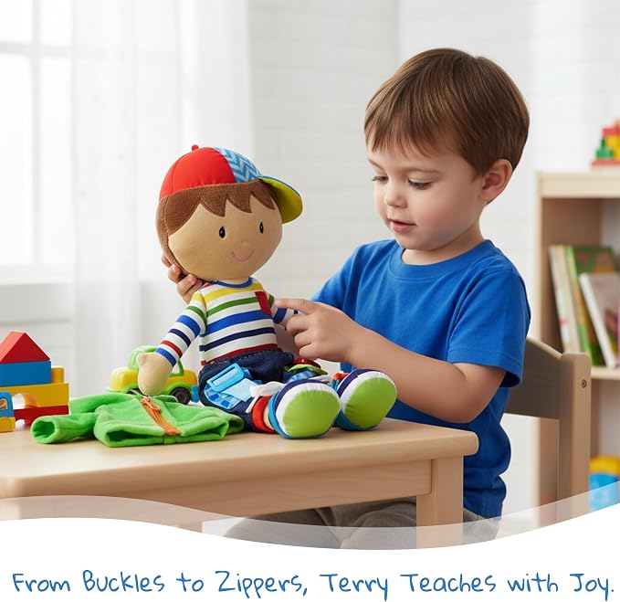 June Garden 15.5" Dressy Friends Terry - Educational Stuffed Plush Doll for Kids and Toddlers 2 Years and Up - Montessori Buckle Soft Toy - Image 3