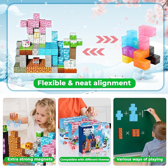 Magnetic Blocks - 150PCS Magnetic Building Block Cubes Dark Forest Glacier Castle, Magnet Toy Building Sets for Kids Age 3+, STEM Stacking Construction Toys Easter Gift for Boys Girls Age 4-8, 8-12 - Image 5